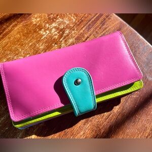 Multicolor Leather Wallet Pink Purple Orange and Green Stripe.